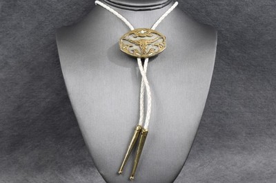 Handmade Studio Gold Wash 800 Silver Longhorn Mother of Pearl Bolo Tie