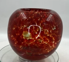 Red Art Glass Bowl Votive Candle Holder 5.5” Hand Blown Mottled Swirl Modern Art