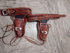 Western Gun Holster Belt thick Leather tooled Revolver/Pistol .44/45 cal.