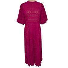 ASOS Dobby Midi Dress 10 Womens Pink Puff Sleeve Chevron Pleated High Neck Chic