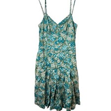 Ann Taylor Sundress Women 10 Teal Green Floral Cotton Pleated Strappy Lined