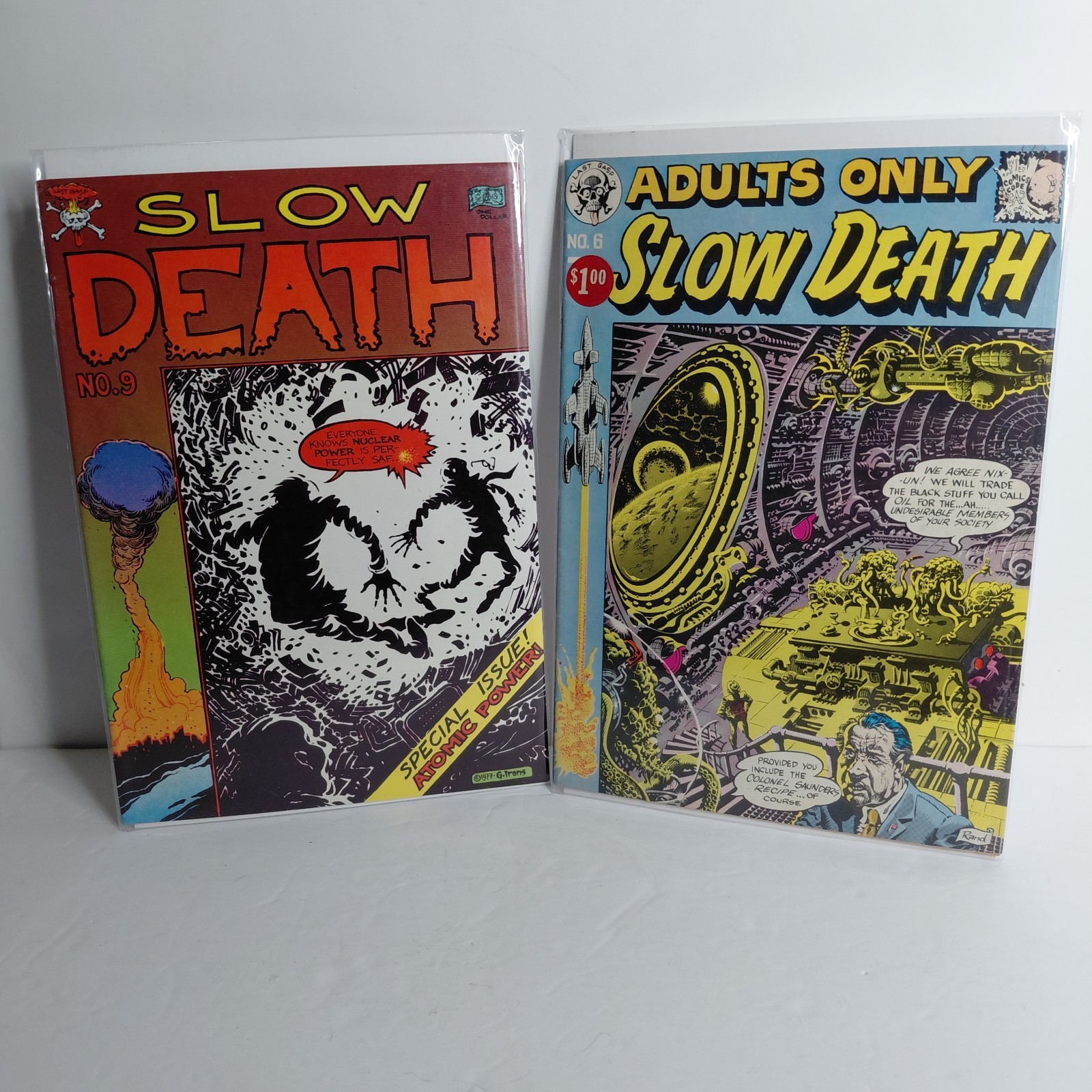 Slow Death Comix Lot #6 #9 comics with covers of bold yellow-red title text and underground comic art.