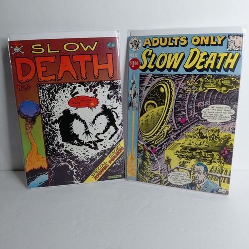 Slow Death Comix Lot #6 #9 comics with covers of bold yellow-red title text and underground comic art.