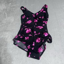 Vintage Maxine Of Hollywood Swimsuit Womens 10 Black Pink Floral One Piece