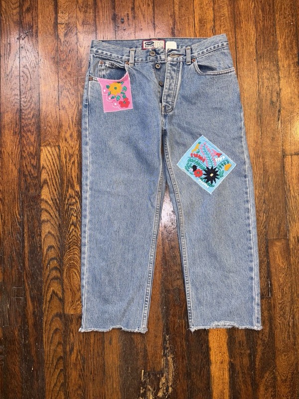 Vintage 90s Old Navy Blue Jeans Straight Leg Light Wash w Floral Patchwork US 6
