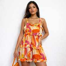 Farm Rio Cashew Juice Mini Dress Women sz XL Pink Orange Tank Top Beach Party