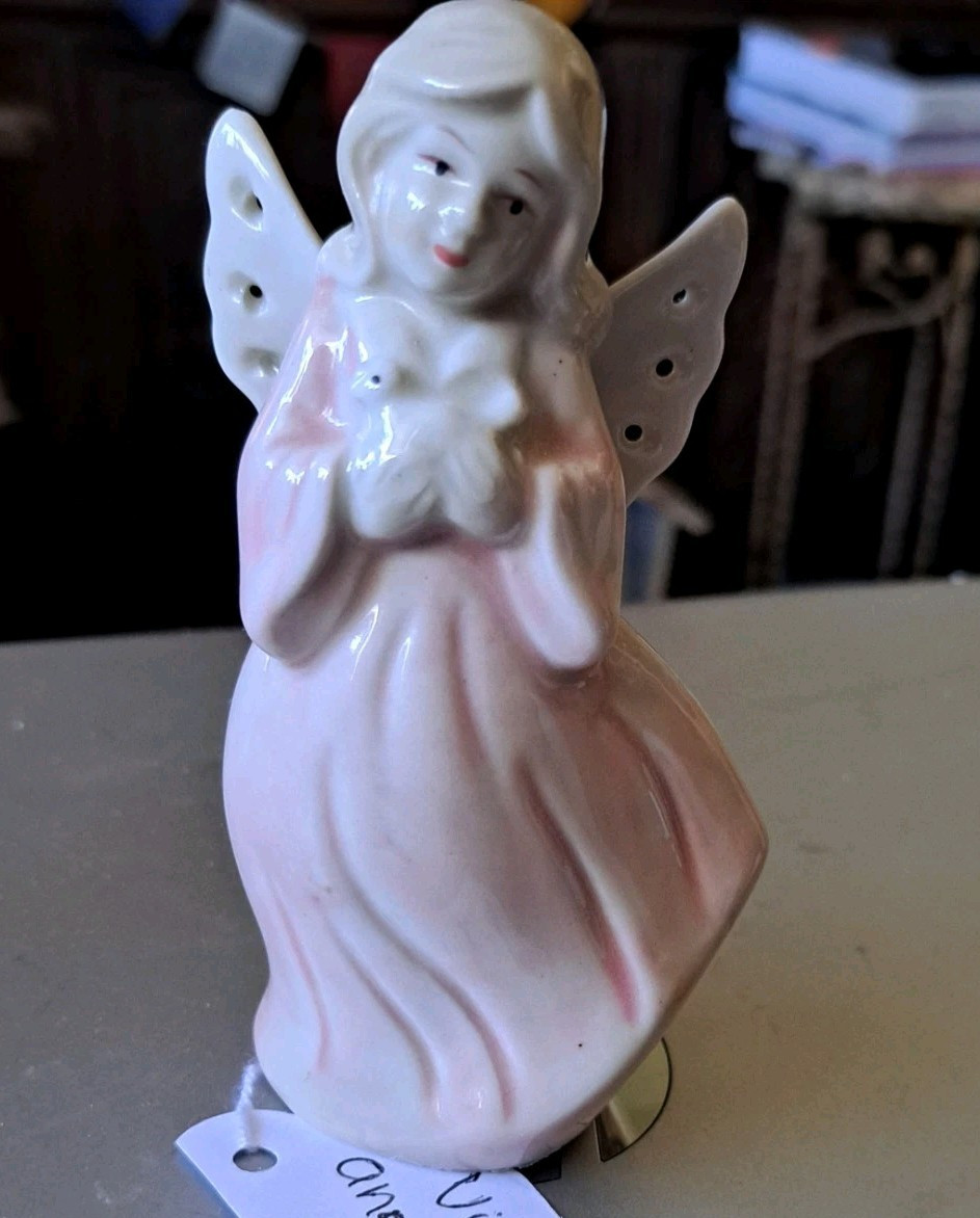 Vtg. Porcelain Angel Pierced Wings Pastel Pink Robe Holding A White Peace Dove
