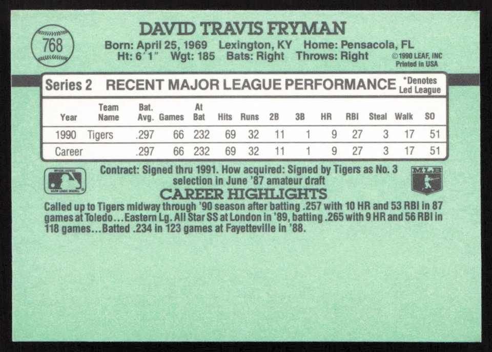 1991 Donruss Travis Fryman #768 Detroit Tigers - Image 2 of 2