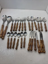 Old Homestead Stainless Steel Taiwan WOODEN Handle Flatware Lot 26 Serving Set