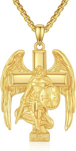 Authentic 925 Sterling Silver Saint Michael Angel Wings Cross Necklace Gold Plated Pendant