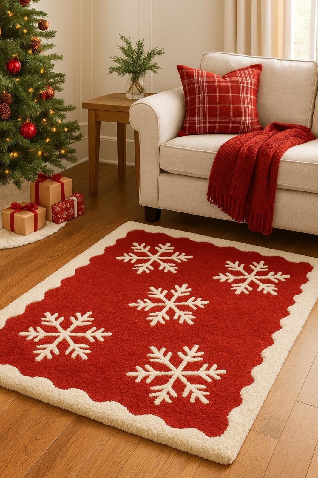 Christmas Red 100% Wool Rug with White Snowflakes | Hand-Tufted Wool Area Rug