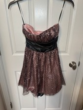 Vintage Pink Sequin Strapless Dress 5/6 Black Satin Bow in Back Y2K Retro Prom