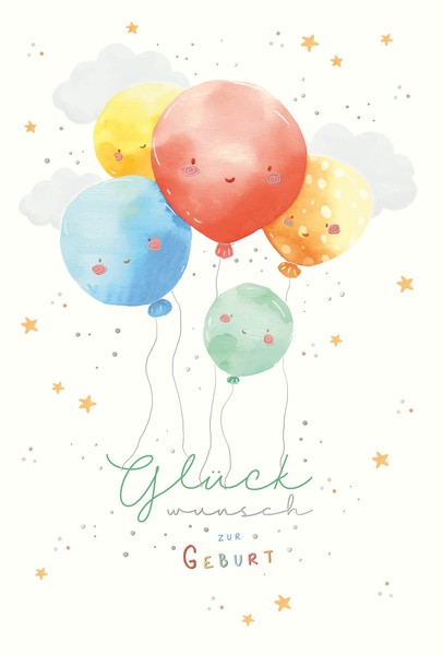 Geburt Baby Freudiges Ereignis Karte Mit Briefumschlag Bunte Luftballons Sterne-image