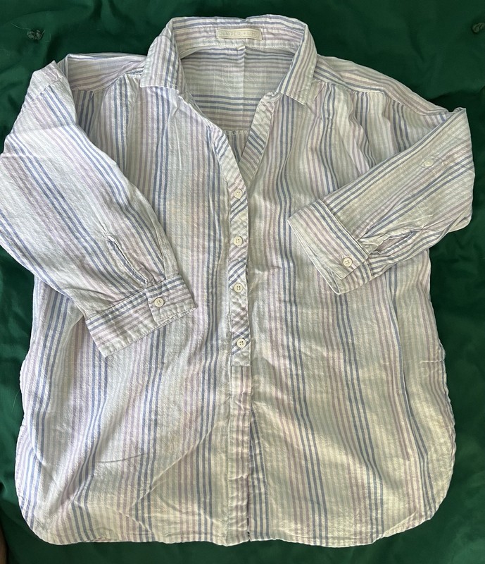 Woman’s Size Large Pastel Striped Juniper & Lime Button Up 3/4 Sleeve Blouse