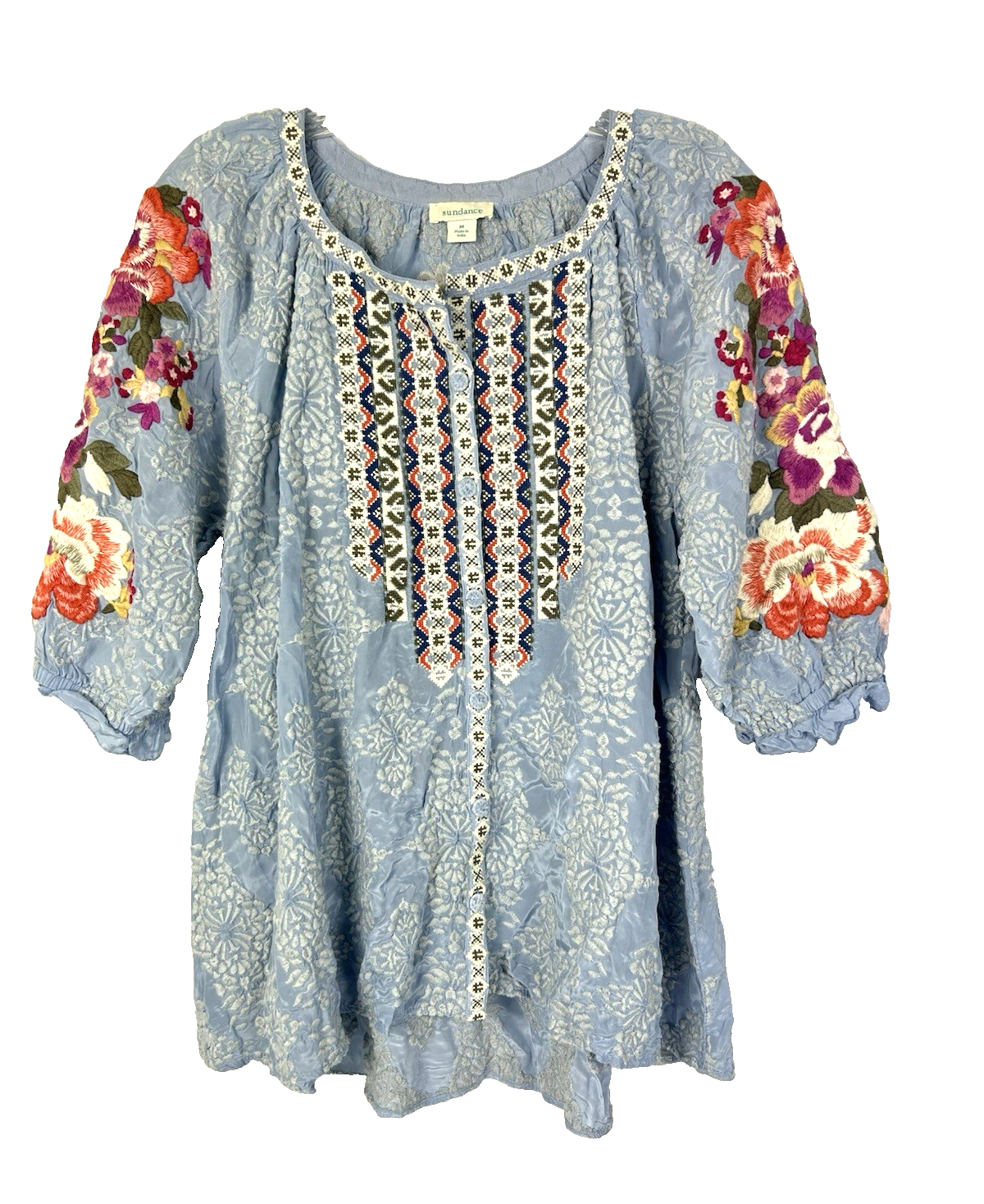 SUNDANCE CATALOG Ballet Melody Blue Embroidered Floral Blouse Size Medium