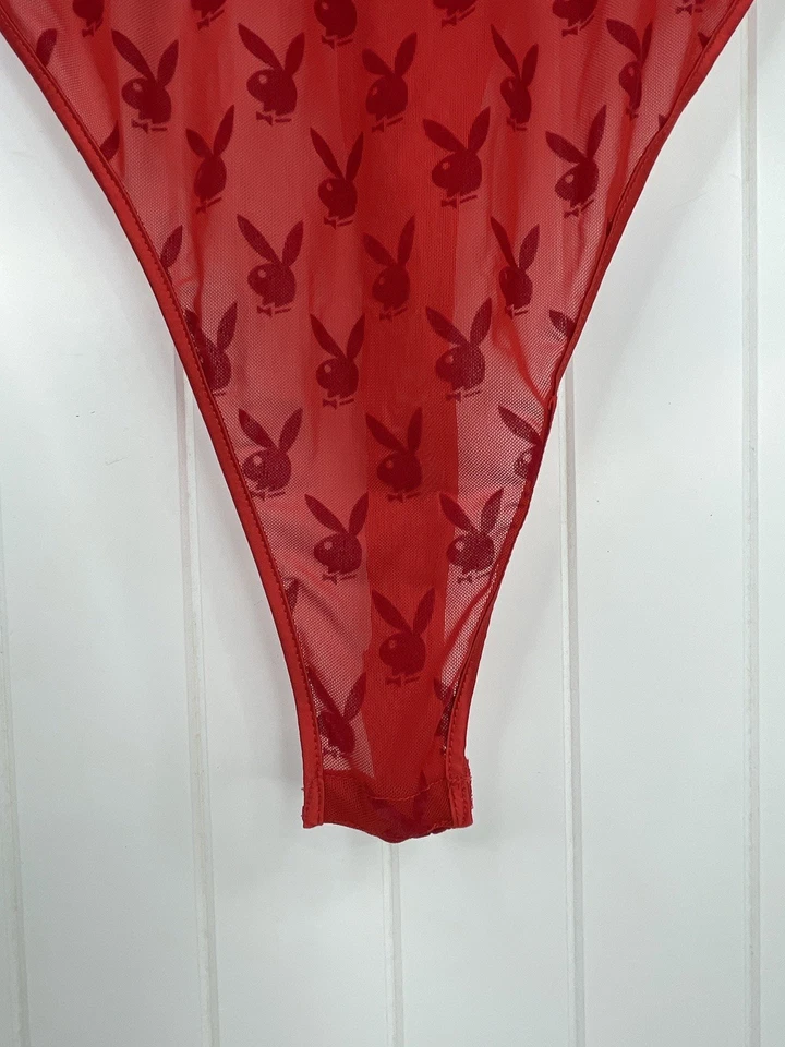 Body de Peluche Playboy De Colección Bustier Rojo Transparente Terciopelo Conejito Logotipos Corte Alto Talla 2X Foto 4 de 4