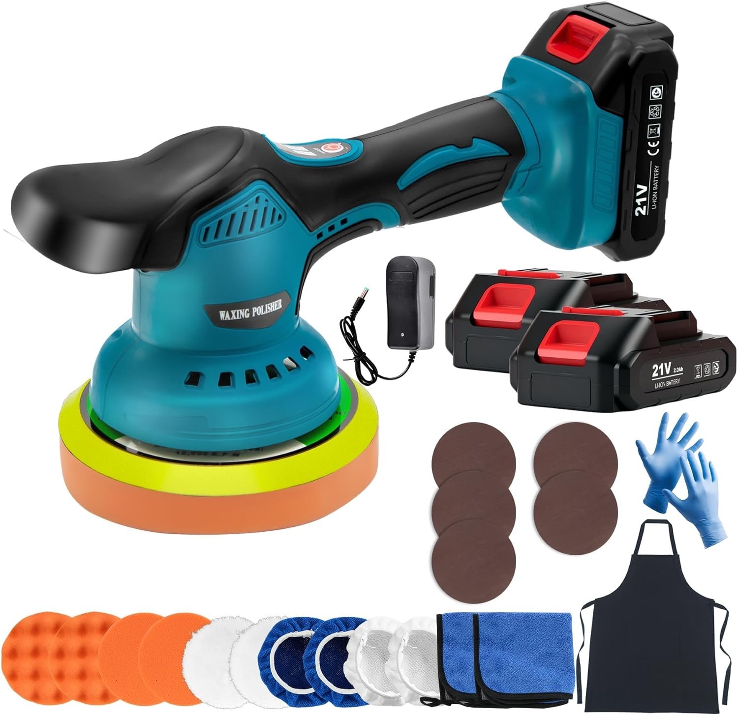 Kit Lucidatrice Rotorbitale 21V Professionale con Tamponi e 2 Batterie