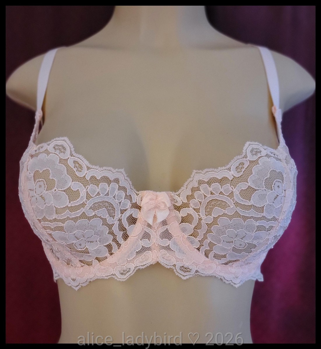 Vintage VICTORIA'S SECRET Floral Lace BRA Pink SATIN Stretch BOW