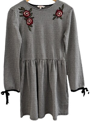 Clockhouse Houndstooth A-Line Long Slv Dress Embroidered Beaded Bowed Slv Sz L
