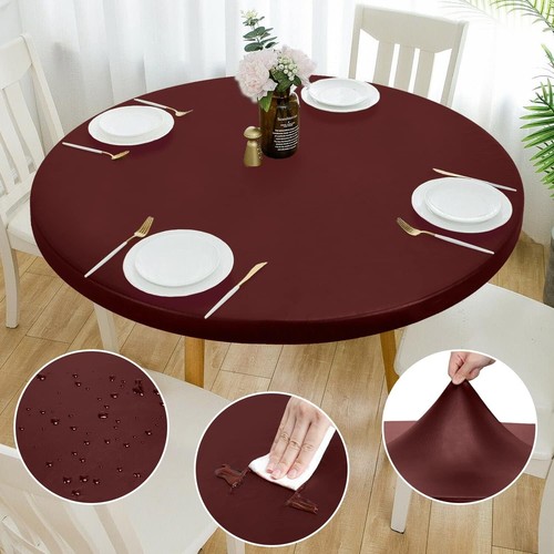 Elegant Double Fitted Burgundy Round Tablecloth - Waterproof & Stain-Resistant - Picture 3 of 9