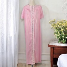 Vintage 60s Robe Long House Coat Size 18 Pink Flocked Swiss Dot Lace Trimmed