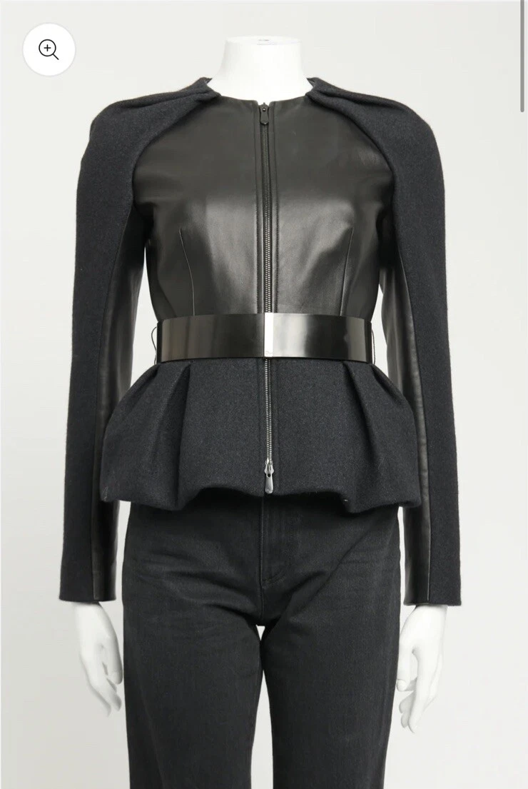 VESTE NEUVE CUIR DIOR LAINE MARINE NOIRE PEPLUM PISTE AUTOMNE 2012 36/S