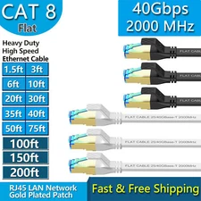 Cat8 Ethernet Cable 24AWG SFTP Shielded  RJ45 Flat Patch cord Lot US 1.5ft-100ft