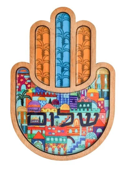 SHALOM & Jerusalem Wall Hanging Hamsa - Hand Made in Israel Judaica Jewish Art