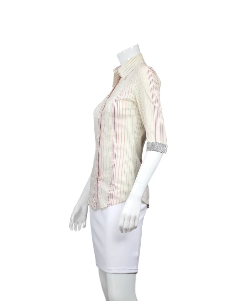 D&G DOLCE & GABBANA Ivory/Pink Striped Button Up Top w Crystal Cuff Sleeves US 4 - Image 2 of 4