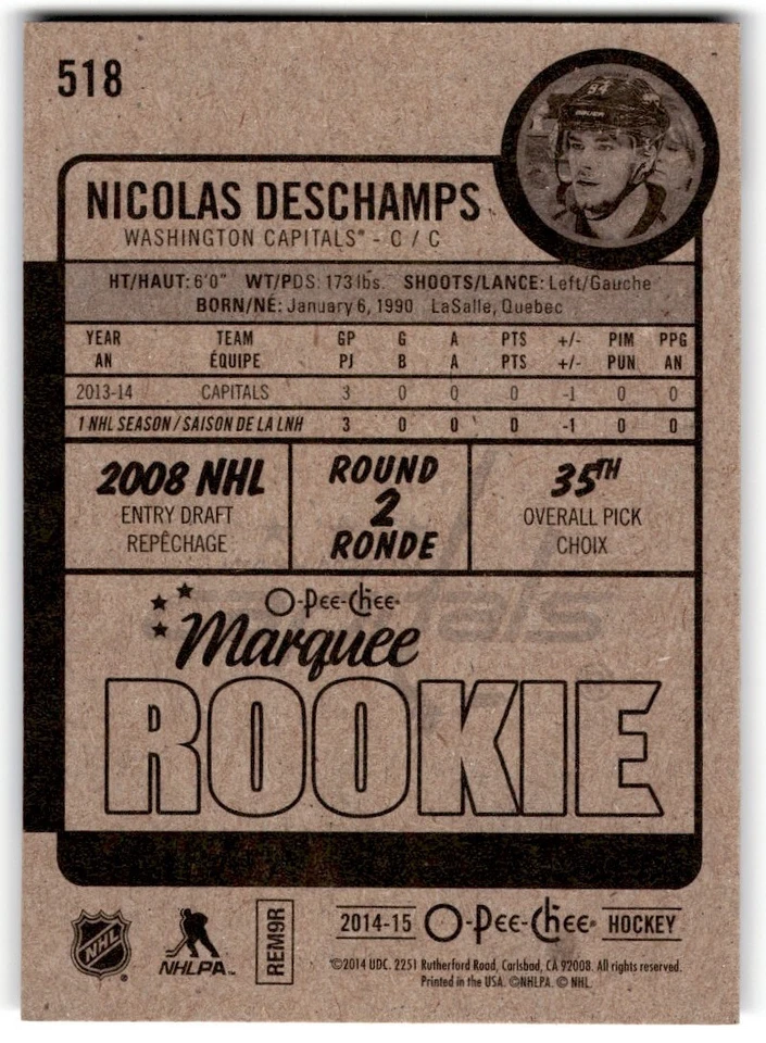 2014-15 O-Pee-Chee Nicolas Deschamps Rookie #518 Washington Capitals - Image 2 of 2