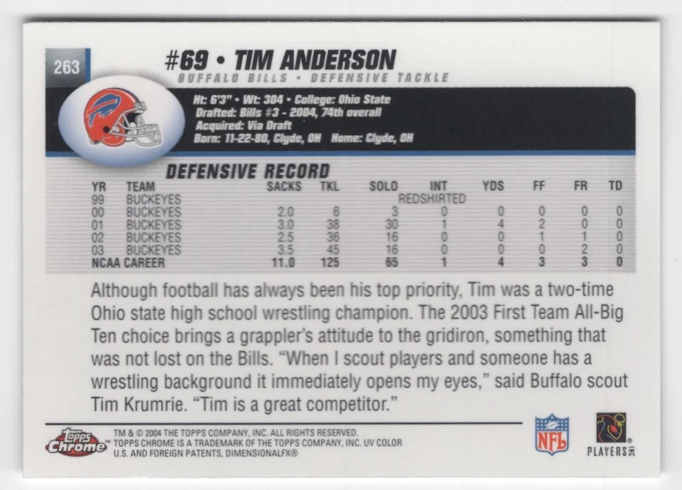 2004 Topps Chrome Tim Anderson Rookie Buffalo Bills #263 - Image 2 of 2