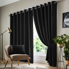 Thermal Thick Blackout Curtain Eyelet Ring Top Ready Made Pair Panels +Tie Back