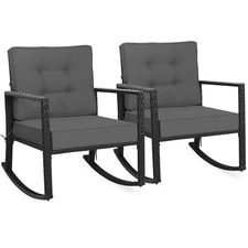 Patio 2 PCS Rattan Rocker Chair Outdoor Glider Rocking Chair Cushion Lawn Grey