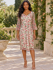 Adrianna Papell Floral Embroidered Mesh Sheath Dress Bell Sleeve Sz 6 Blush