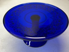Vintage Mosser Cobalt Pedestal Cake Stand Daisy and Buttons Pattern 9.5” X 5”