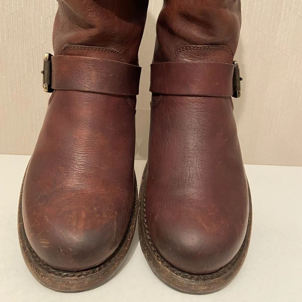 Sz 7.5- Frye Harness Boots Cognac Leather Engineer Block Heel Moto Biker Women's - Image 3 of 4