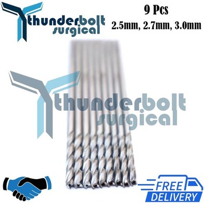 Cannulated Drill bit 2.5mm, 2.7mm, 3.0mm Set of 9 PCs Orthopedic Instruments