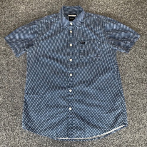 Camisa RVCA Para Hombres Pequeña Calce Ajustado Azul Geométrica Abotonada Manga Corta Informal