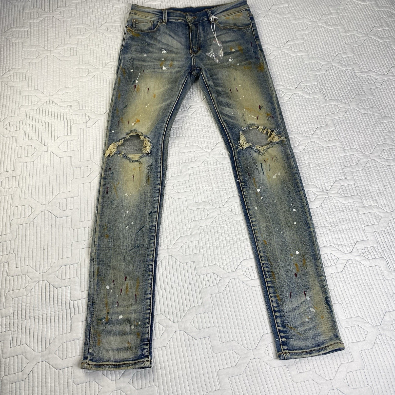 MNML Skinny Jeans Mens 31 Blue Distressed Paint Splatter Denim Streetwear Light