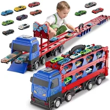 Spider Race Track Toys for Boys 3-6, Double Decker Transport Truck with cars