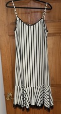 ADL white/black striped lace ruffle bottom spaghetti straps dress fit and flare