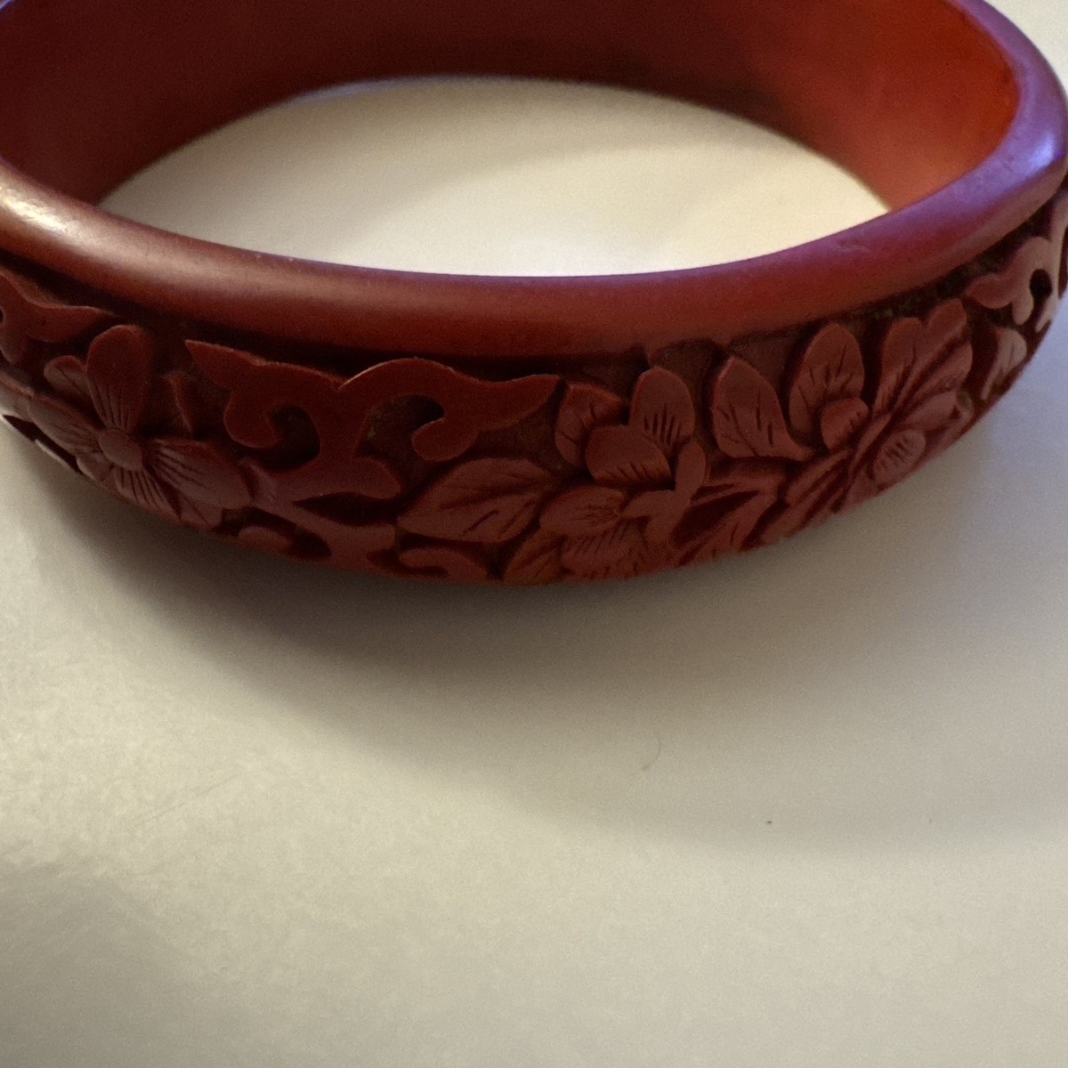 Vintage Carved Cinnabar Bangle Bracelet Flowers View 2
