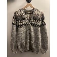 Vintage Alpaca Wool Shaggy Fair Isle Knit Cardigan Sweater Size Large
