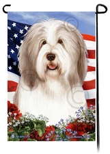 Patriotic Flowers Garden Flag - Light Liver and White Bearded Collie
