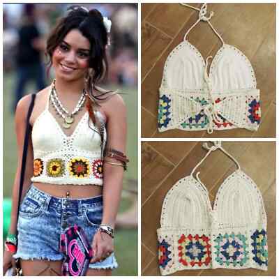 Women's white Medium D cup  HANDMADE crochet boho granny square halter top new