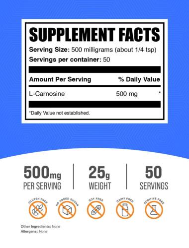 Polvo BulkSupplements L-carnosina - Aumentar la energía - 500 mg por porción - Imagen 8 de 16