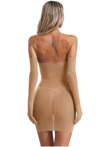 Damen Kleid mit Handschuh durchsichtig Minikleid Nylon Nachthemd ärmellos öl - Bild 12 von 31
