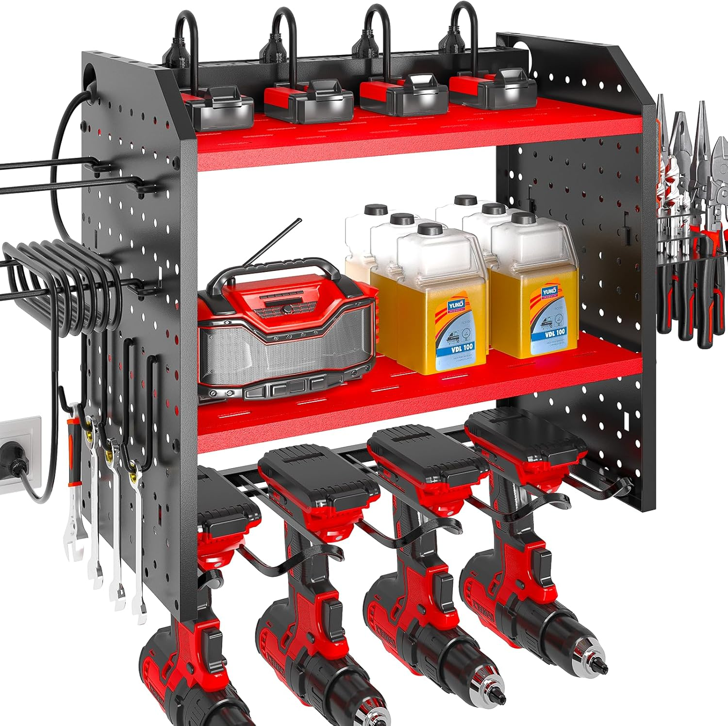 Power Tool Organizer with Charging Station, Built in 8 Outlet Power Strip, Drill