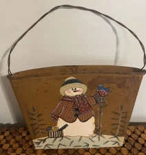 Rustic Tin Metal Hanging Wall Bucket Basket Pocket Farmhouse Snowman Wire Handle