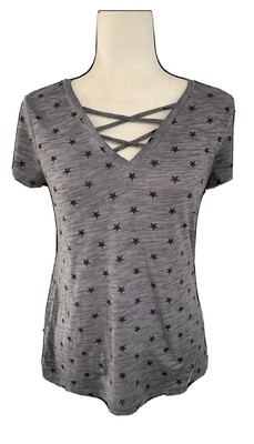 billy t womens gray black star print V Neck short sleeve t shirt top xs